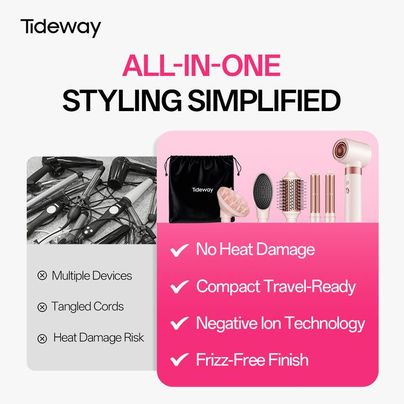 Tideway Prowaver 6 in 1 Hot Air Styler Wrap W/ Ionic Tech, Dual Voltage (100-240V) High-Speed Hair Dryer Brush Auto Wrap Curlers, Volumizing Styling Blower Brush with Travel Bag, Perfect Present for Women Friend Family Gift October Viral