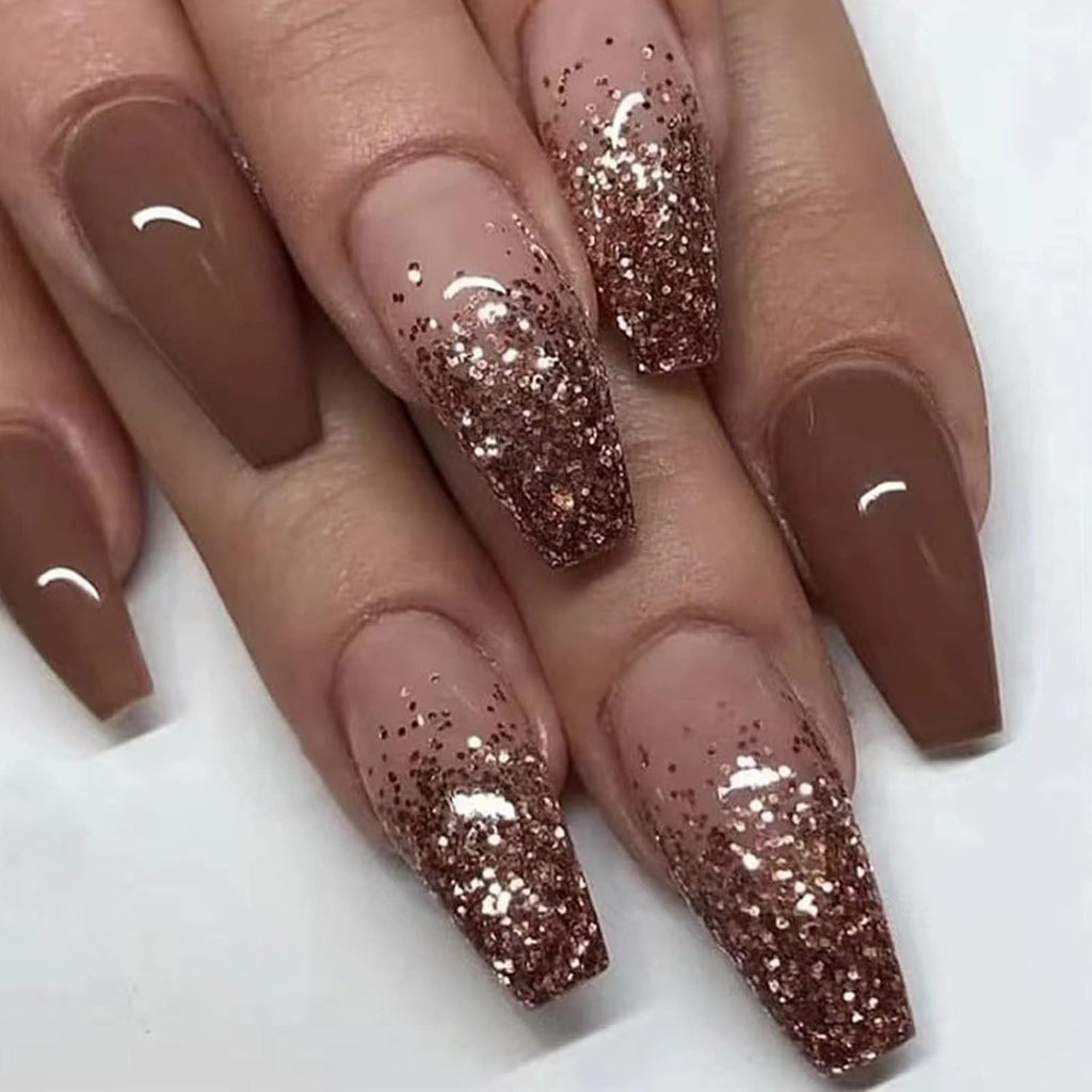 Coffin Press on Nails Medium Ballerina Glossy Glue on Nails Brown Gradient Acrylic False Nails Designs 24 Pcs