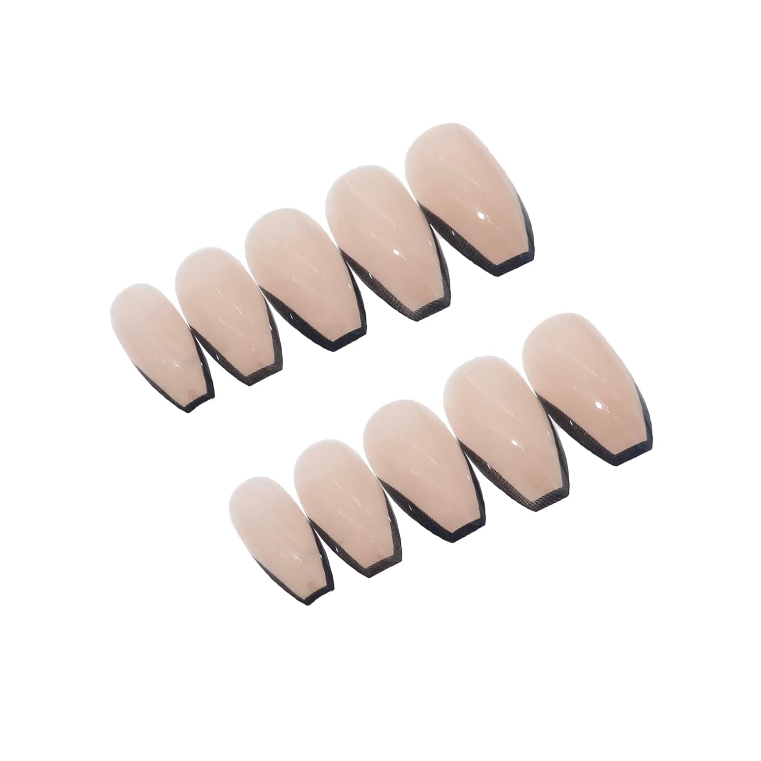 Coffin Press-On Nails Medium -Black French Tip Ballerina Acrylic Nails Natural Glossy Glue-Ons 24Pcs