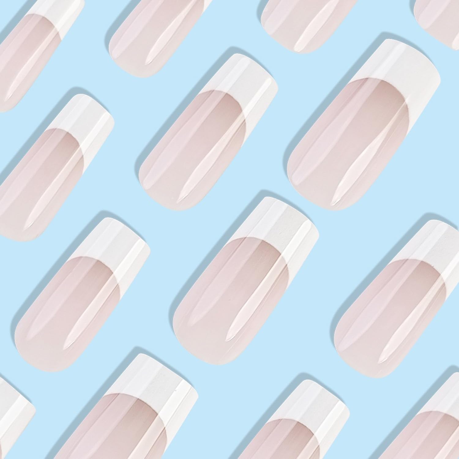 White French Tip Press on Nails Square Fake Nails Medium Length Nude Pink French Acrylic Full Cover Glossy Glue on Nails French Tip Nails False Nails Reusable Stick on Nails for Women Girls 24PCS