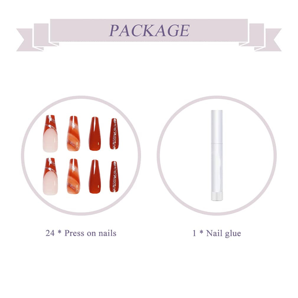 Press on False Nails Full Cover Glue Stick on Fake Nails - Long Coffin, Brown Fall Acrylic, 24Pcs, Bling Glossy Manicure for Women and Girls