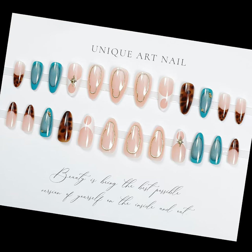 24 Pcs Almond Press on Nails Medium Fake Nails with Glue French Tip False Nails with Brown Leopard Pattern Design Artificial Acrylic Nails Press Ons Reusable Almond Nail Holiday Glue on Nail for Women