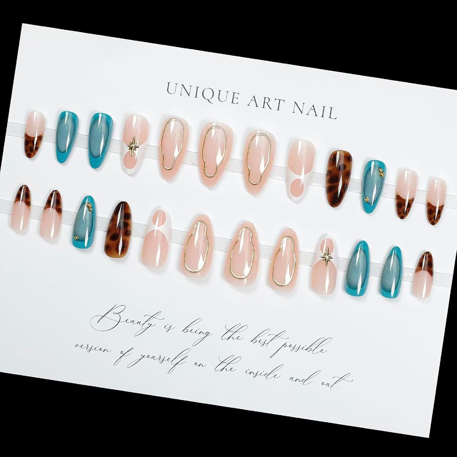 24 Pcs Almond Press on Nails Medium Fake Nails with Glue French Tip False Nails with Brown Leopard Pattern Design Artificial Acrylic Nails Press Ons Reusable Almond Nail Holiday Glue on Nail for Women