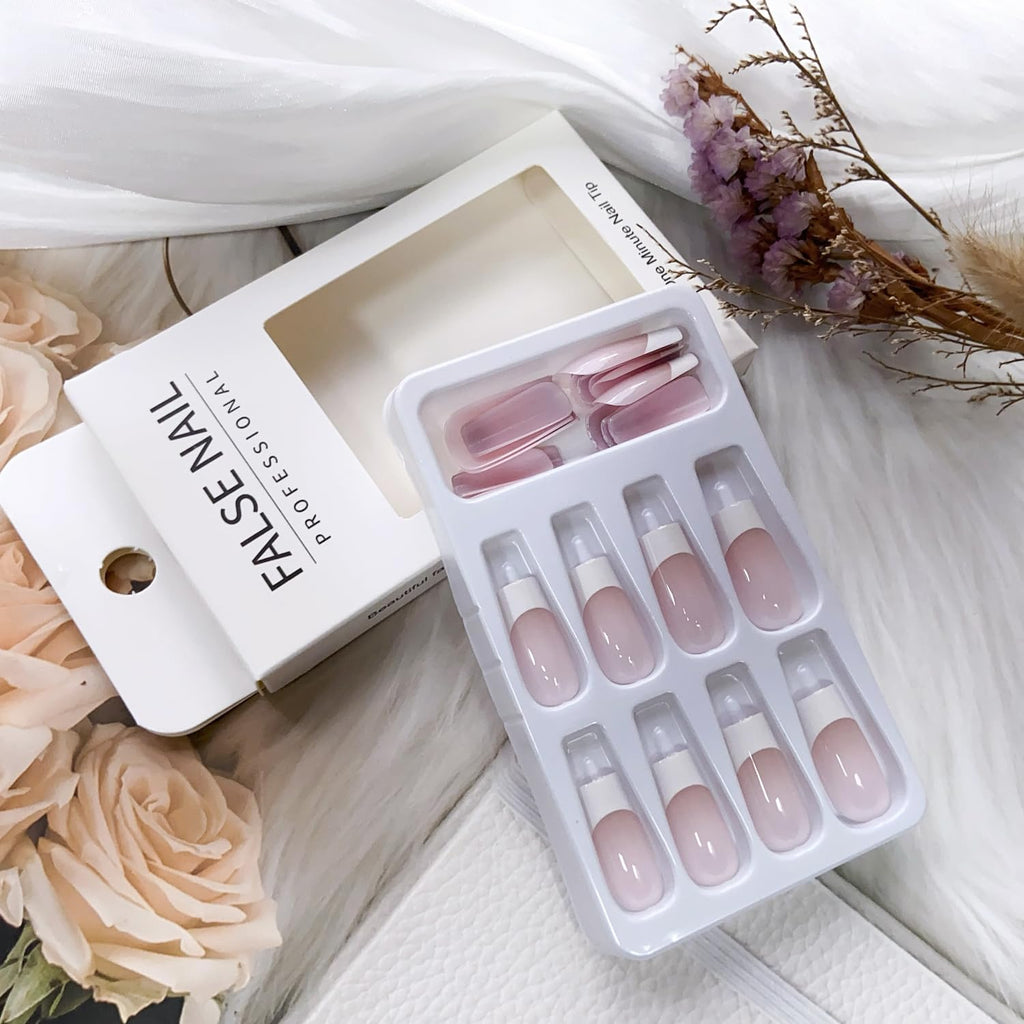 White French Tip Press on Nails Square Fake Nails Medium Length Nude Pink French Acrylic Full Cover Glossy Glue on Nails French Tip Nails False Nails Reusable Stick on Nails for Women Girls 24PCS