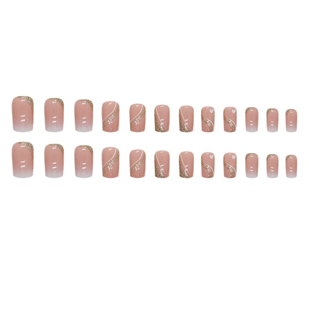 24 Pcs Nude Pink Press on Nails Medium Square -  Glitter Fake Nails with Gold Swirl Designs Glue on Nails for Women Full Cover Glitter Sequins Acrylic Artificial False Glue on Nail for Festival