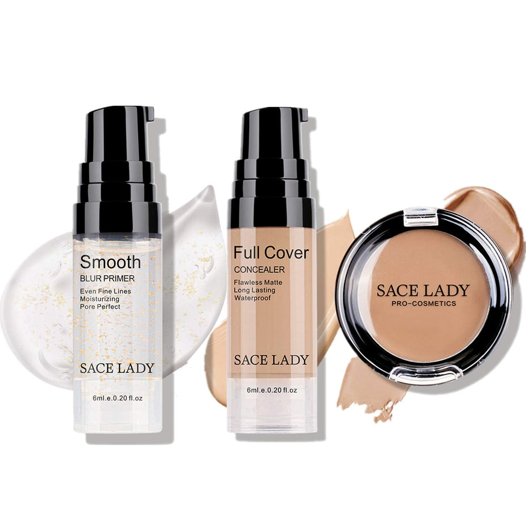 3Pcs Face Make up Set Full Coverage Concealer & Cream Corrector & Pores Gold Primer Set, Poreless Smooth Flawless Makeup Perfect Cover up Blemishes Dark Spots Eye Circles Imperfections