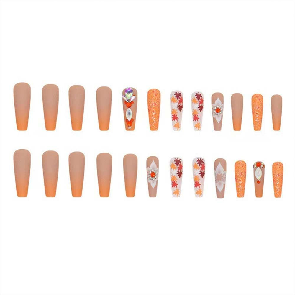 Fall Press on Long Coffin False Nails Orange Glitter Maple Leaf Rhinestones Stick on Glossy Full Cover Acrylic Glue on Nails for Thanksgiving Decorations