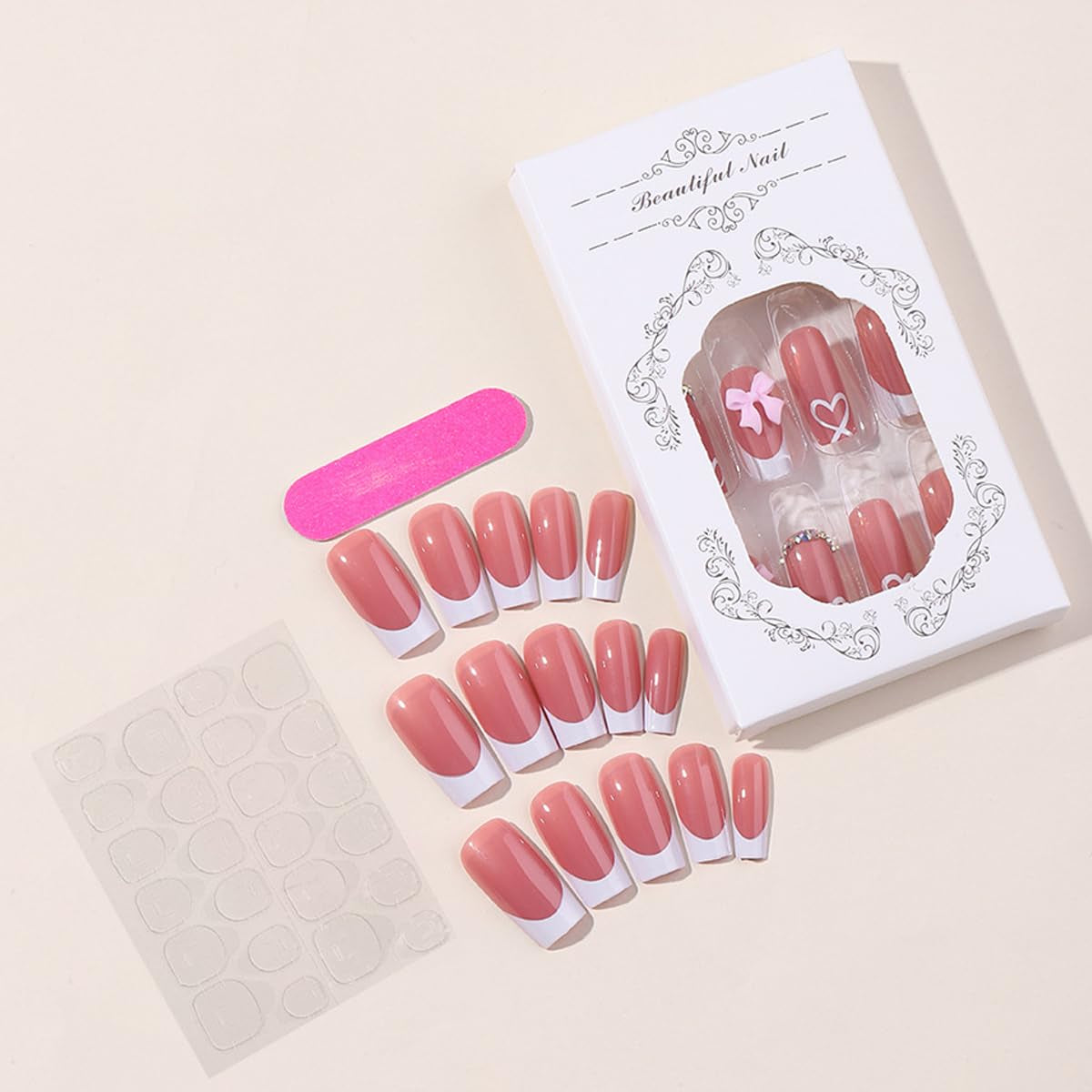 French Tip Press on Nails with Charms, Medium, Cute Bow, Long Square Shape, Acrylic Fake Stick on Nails with Heart and Rhinestones for Women Daily Wear, White