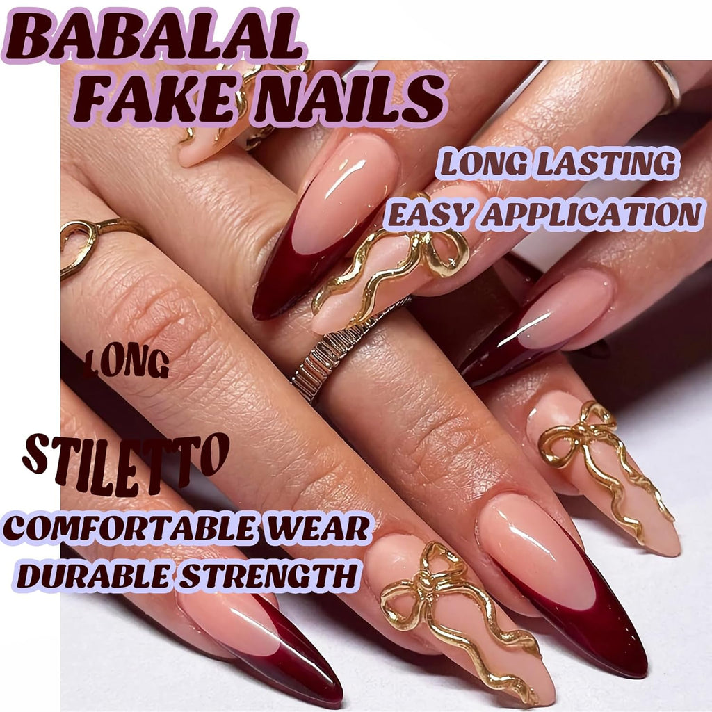 Press on Nails Fake Nails Long Stiletto, Red Gold, Glue on Almond Acrylic, 3D Texture Bow Design 24Pcs Manicure French Tip False Gel Nails Handmade Christmas
