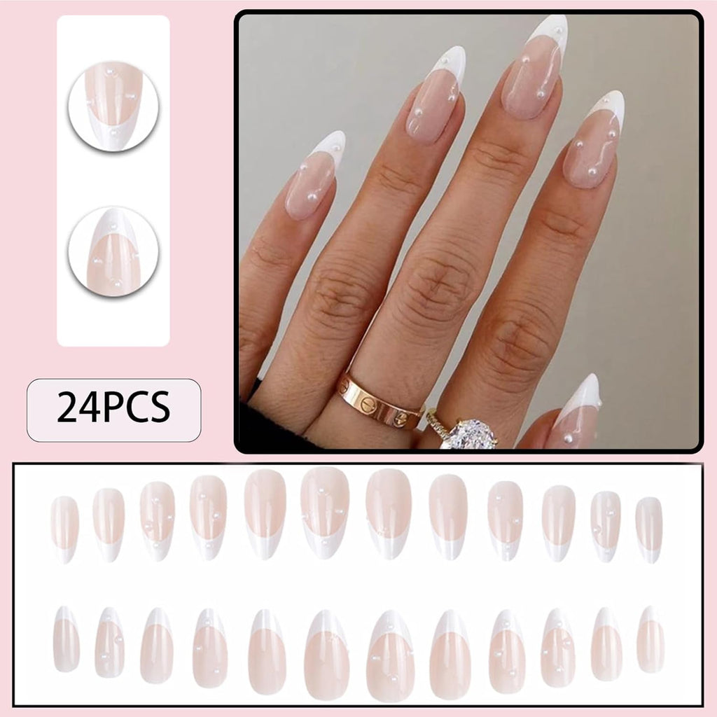 Almond Press on Nails,White French Tip Almond Nails Medium Fake/False Nails with Pearl Nails Press on Designs Acrylic Artificial Nails Stick on Nails for Women 24Pcs