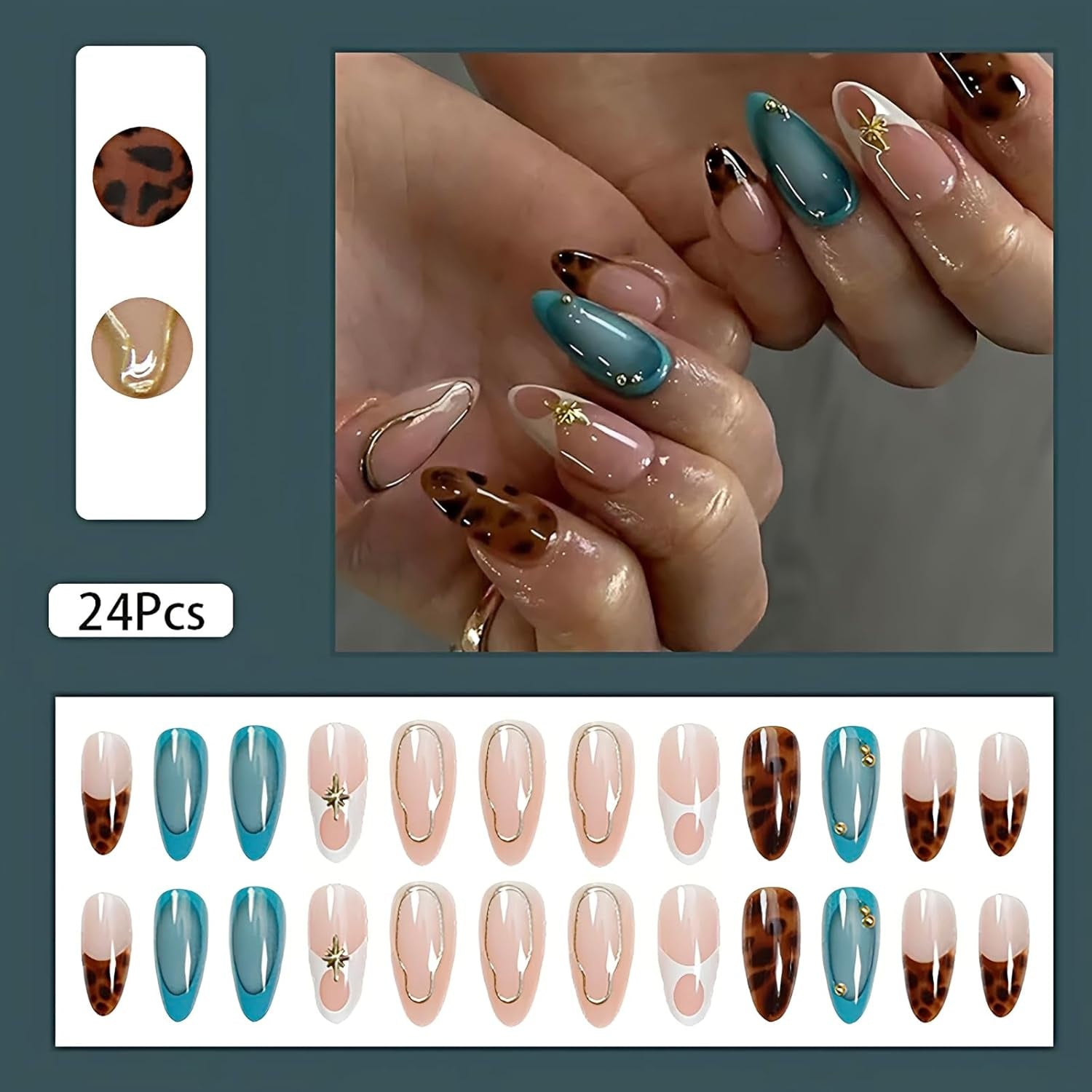 24 Pcs Almond Press on Nails Medium Fake Nails with Glue French Tip False Nails with Brown Leopard Pattern Design Artificial Acrylic Nails Press Ons Reusable Almond Nail Holiday Glue on Nail for Women