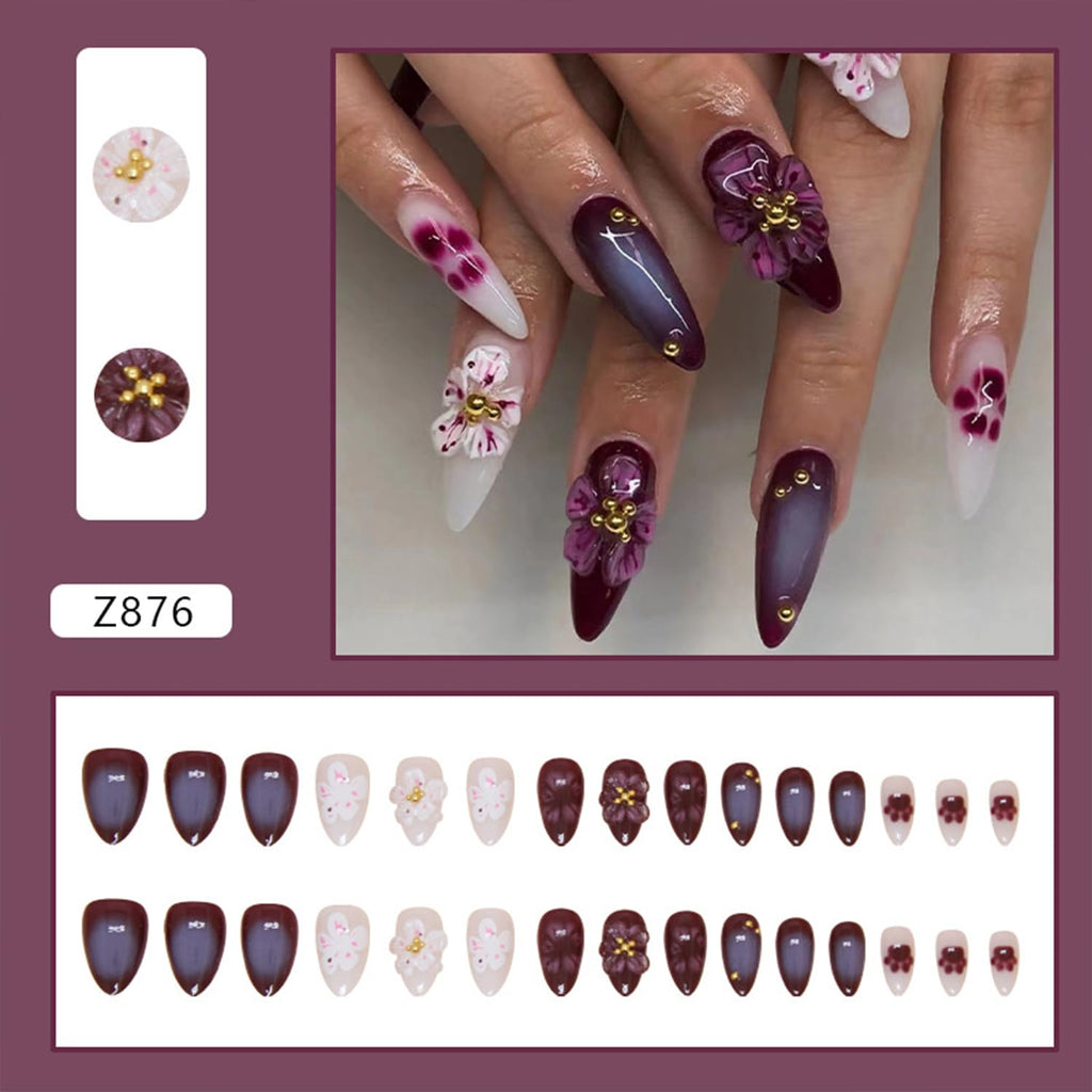 3D Flowers Press on Nails - Short Almond Fake Nails with Gold Pearls, Cat Claws Designs, Gradient False Nails - Full Cover Stick on Nails - 30Pcs