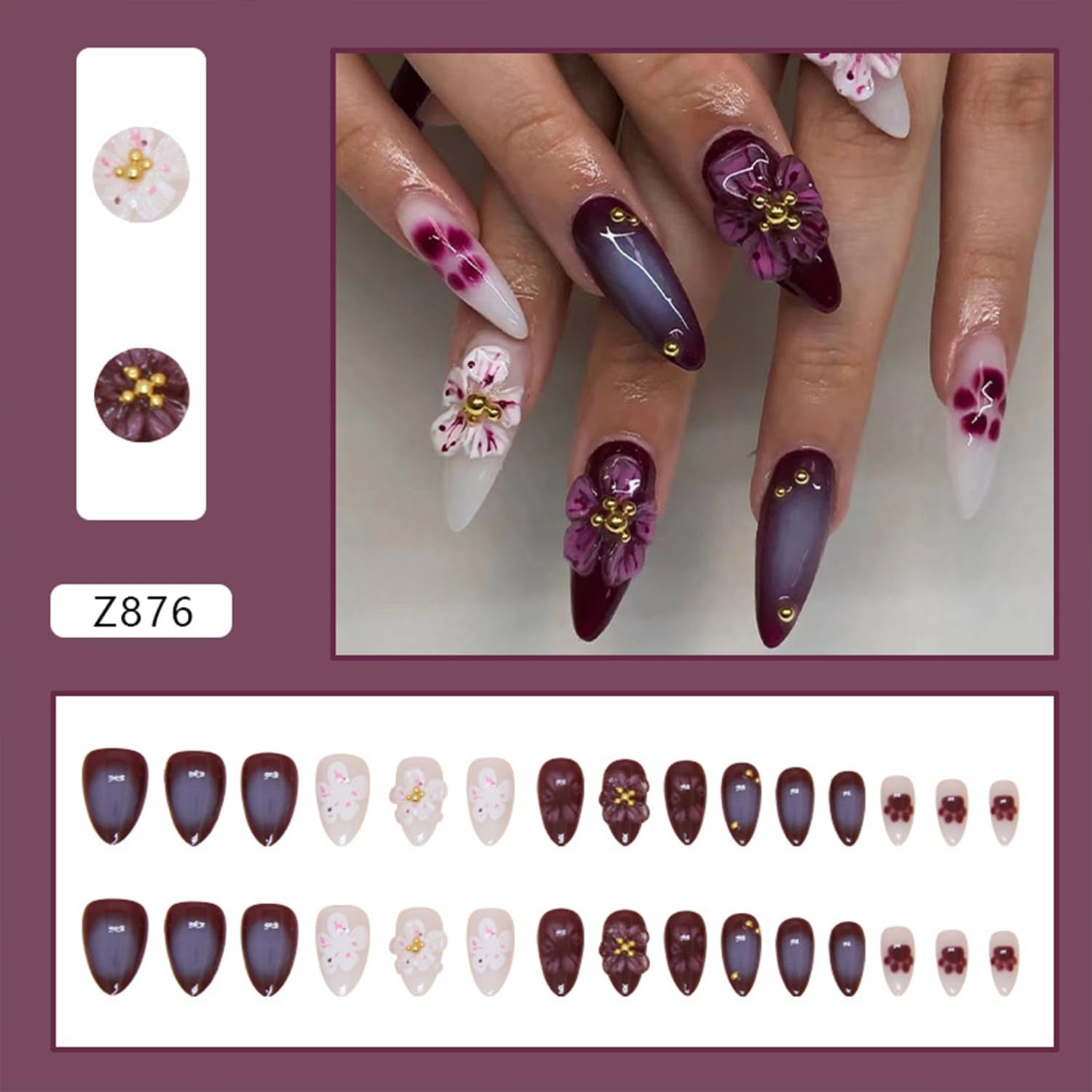 3D Flowers Press on Nails - Short Almond Fake Nails with Gold Pearls, Cat Claws Designs, Gradient False Nails - Full Cover Stick on Nails - 30Pcs