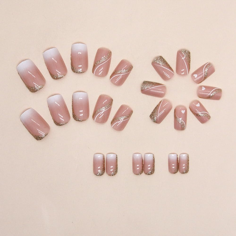 24 Pcs Nude Pink Press on Nails Medium Square -  Glitter Fake Nails with Gold Swirl Designs Glue on Nails for Women Full Cover Glitter Sequins Acrylic Artificial False Glue on Nail for Festival