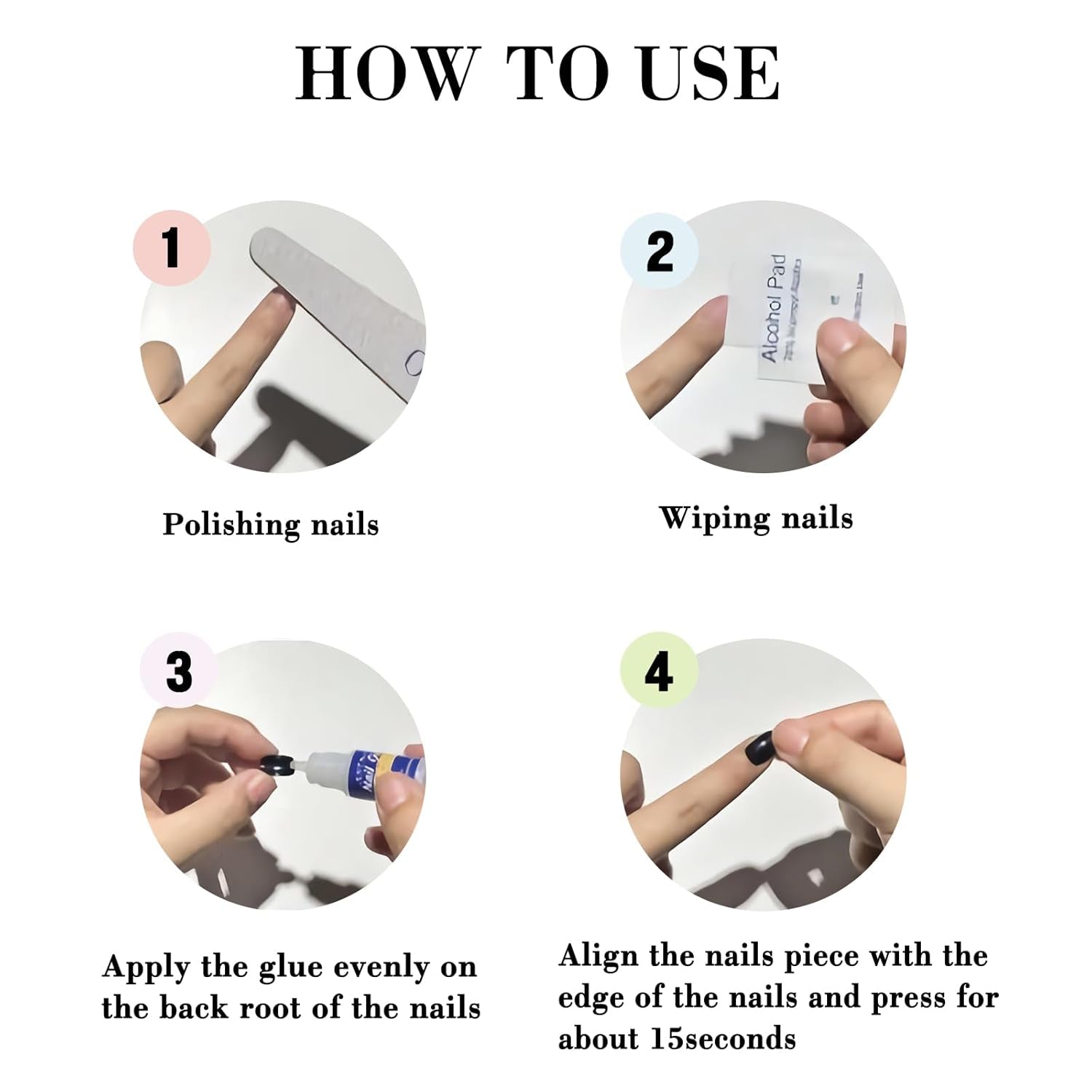 Press-On Nails: White French Tips, Glossy False Nails, Bling Glitter, Full Cover Flower Design, Gel Glue On, Acrylic Nails for Women & Girls