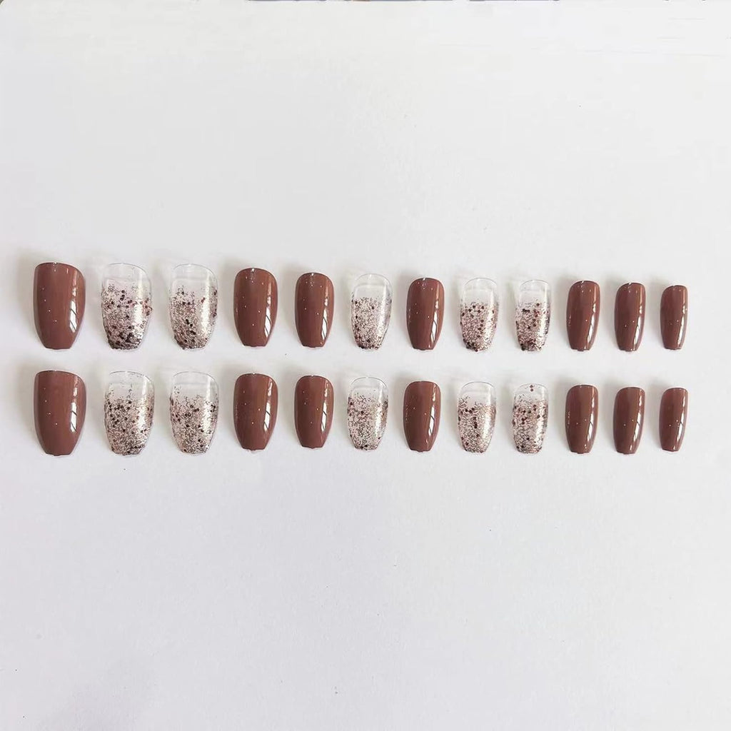 Coffin Press on Nails Medium Ballerina Glossy Glue on Nails Brown Gradient Acrylic False Nails Designs 24 Pcs