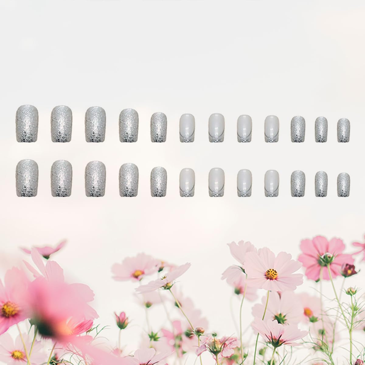 24 Pcs French Tip Press on Nails - Medium Square, Silver Glitter, Full Cover, Bling Sequins, Fake Nails - DIY