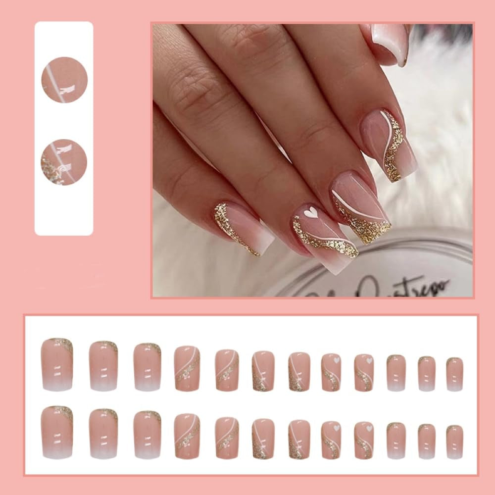 24 Pcs Nude Pink Press on Nails Medium Square -  Glitter Fake Nails with Gold Swirl Designs Glue on Nails for Women Full Cover Glitter Sequins Acrylic Artificial False Glue on Nail for Festival