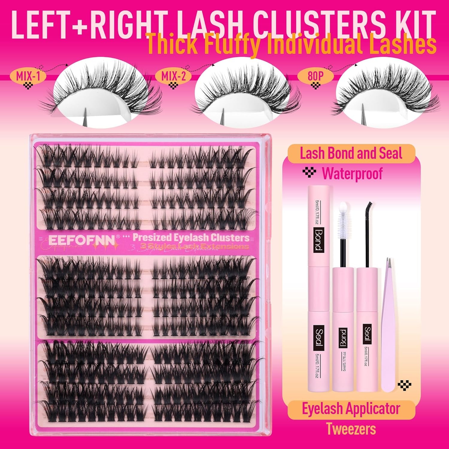Lash Clusters Kit Wispy Cluster Eyelash Extensions Kit Left Right Cat Eye Lashes Bond and Seal Lash Tweezers D-Curly Volume Eyelash Clusters Kit Mixed Styles Full Individual Lashes Kit