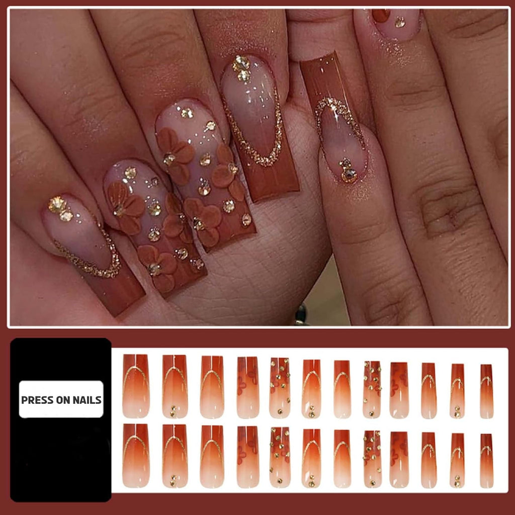 Gradient Press on Nails Medium Brown Fake Nails Tips Full Cover Square False Flower Nails for Women and Girls 24PCS