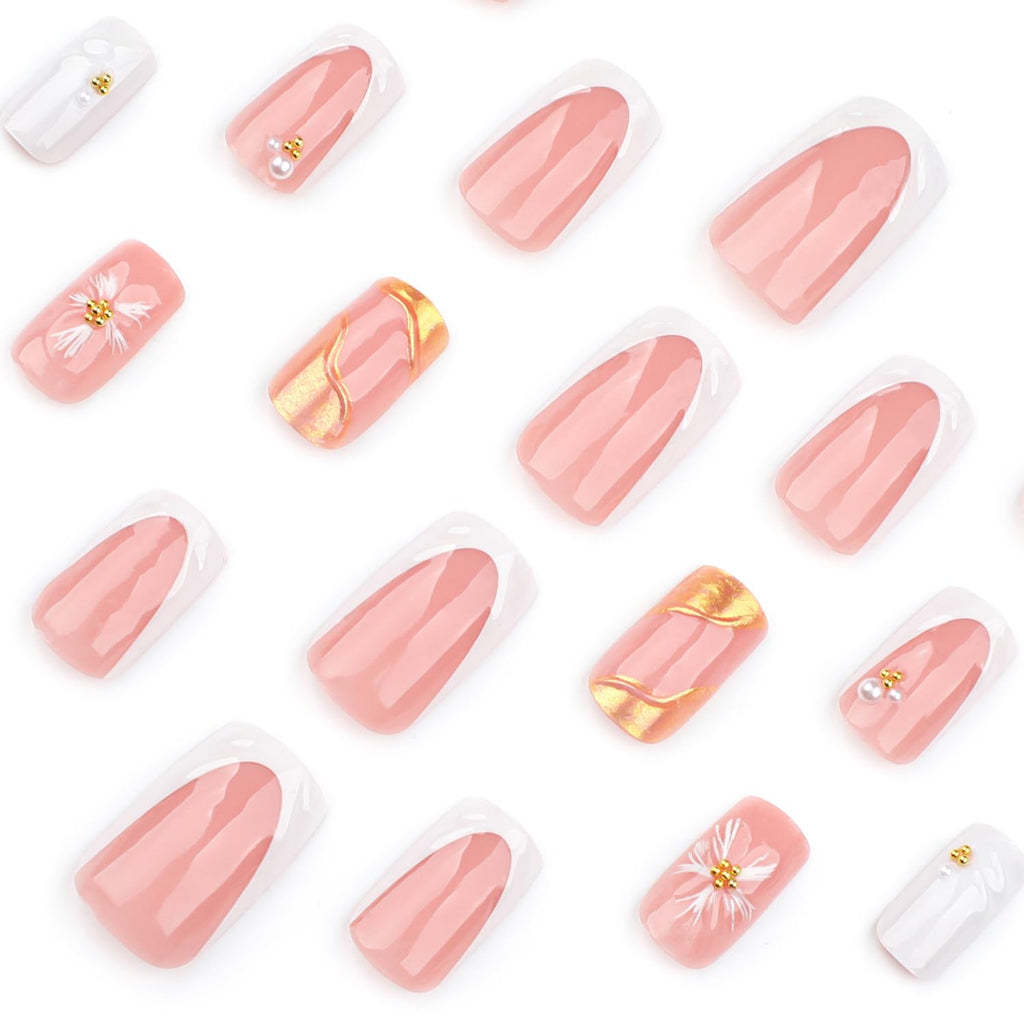 Spring French Press on Nails Medium Square White Fake Nails 3D Pink Flower Nail Press Ons with Gold Pearl Design Gold Nail Tip False Nails Summer Stick on Nails Full Cover Glue on Nail for Women