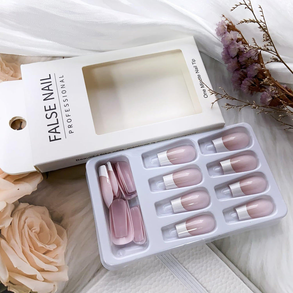 White French Tip Press on Nails Square Fake Nails Medium Length Nude Pink French Acrylic Full Cover Glossy Glue on Nails French Tip Nails False Nails Reusable Stick on Nails for Women Girls 24PCS