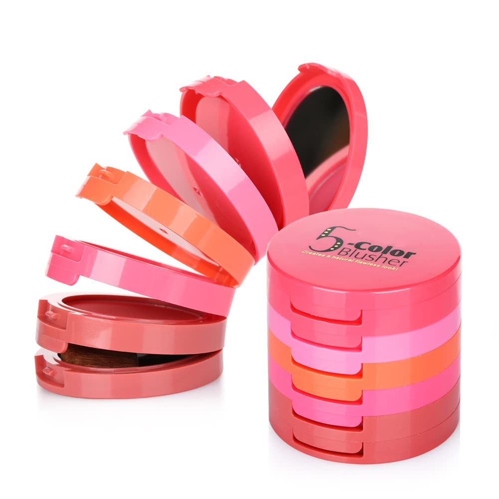 5 Colors Face Blusher Palette Waterproof Matte Long Lasting Lightweight Blush Powder Pink Coral Blushing Pallet with Brush Mirror Women Makeup Gift Set Kit