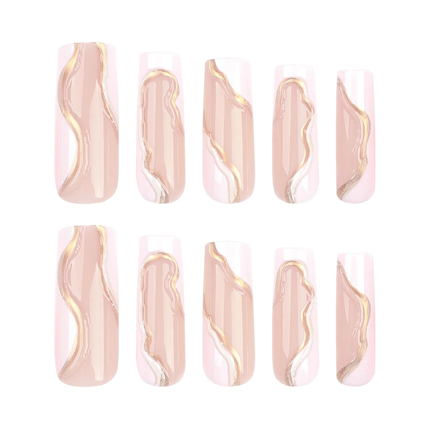 Press on Nails Extra Long -  Square Press on Nails with 3D Gold Swirls, White and Nude Fake Nails with Glue Sticker, Handmade Stick on Nails False Nail in 12 Sizes, 24Pcs