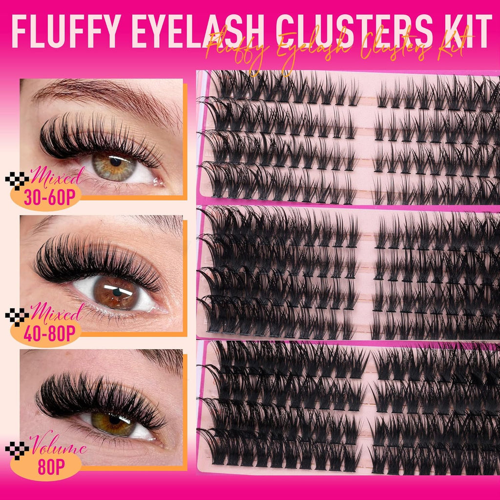 Lash Clusters Kit Wispy Cluster Eyelash Extensions Kit Left Right Cat Eye Lashes Bond and Seal Lash Tweezers D-Curly Volume Eyelash Clusters Kit Mixed Styles Full Individual Lashes Kit
