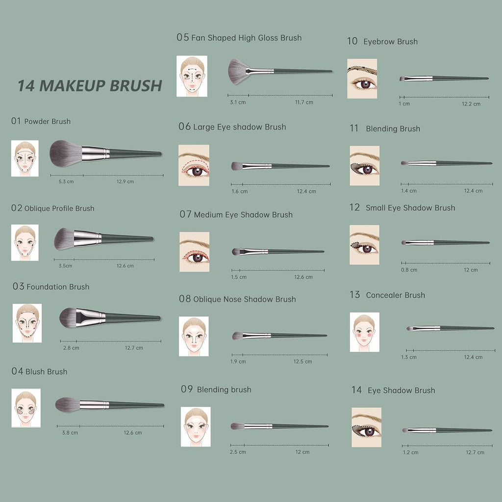 Makeup Brushes with Bag 14Pcs Professional Makeup Brush Set，Premium Synthetic Foundation Concealer Powder Blush Eyeshadow Eyebrow Blending Travel Make up Brushes (Green)