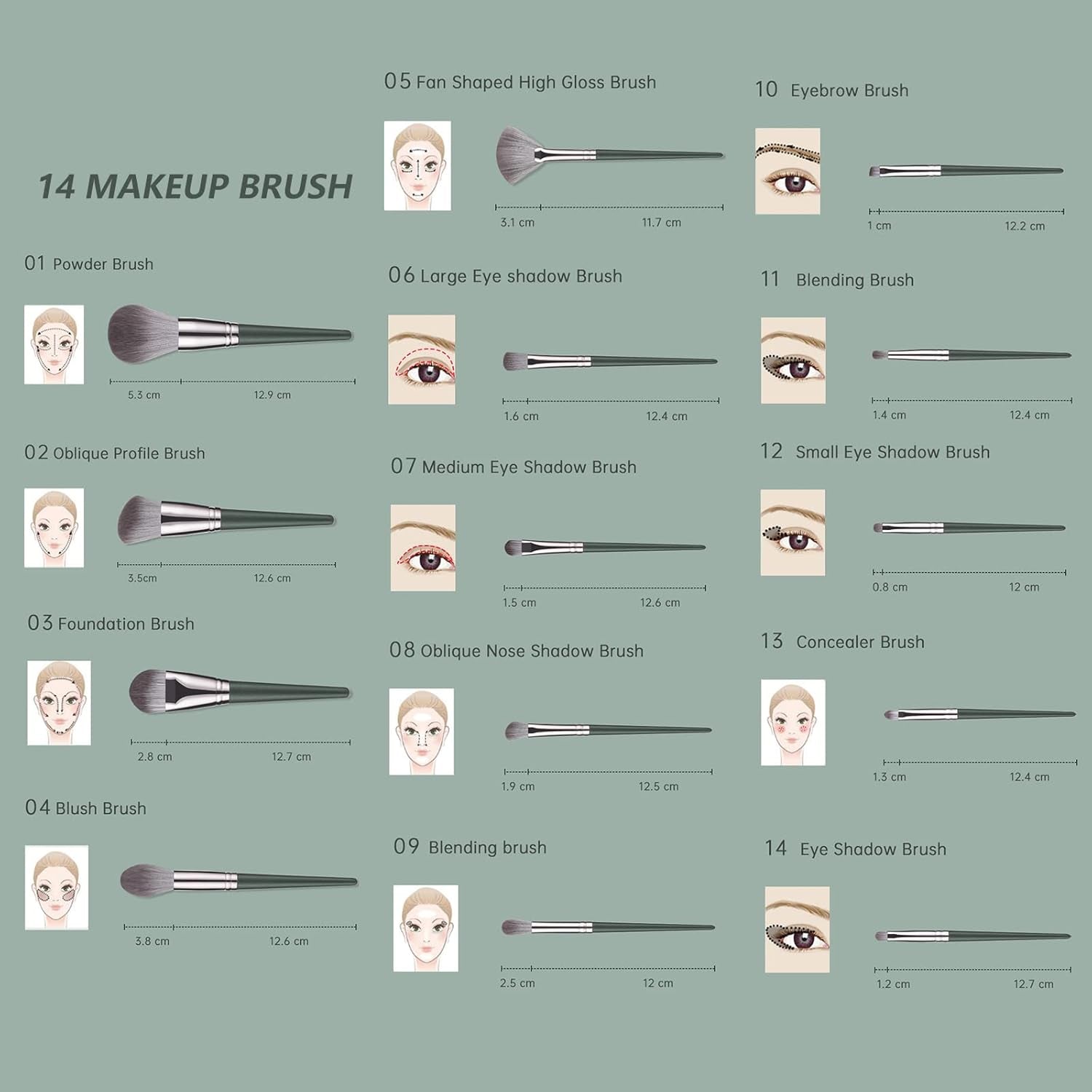 Makeup Brushes with Bag 14Pcs Professional Makeup Brush Set，Premium Synthetic Foundation Concealer Powder Blush Eyeshadow Eyebrow Blending Travel Make up Brushes (Green)
