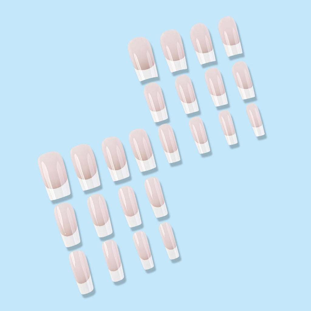 White French Tip Press on Nails Square Fake Nails Medium Length Nude Pink French Acrylic Full Cover Glossy Glue on Nails French Tip Nails False Nails Reusable Stick on Nails for Women Girls 24PCS