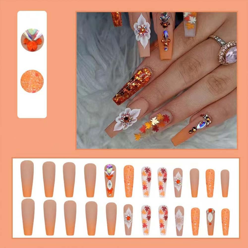 Fall Press on Long Coffin False Nails Orange Glitter Maple Leaf Rhinestones Stick on Glossy Full Cover Acrylic Glue on Nails for Thanksgiving Decorations