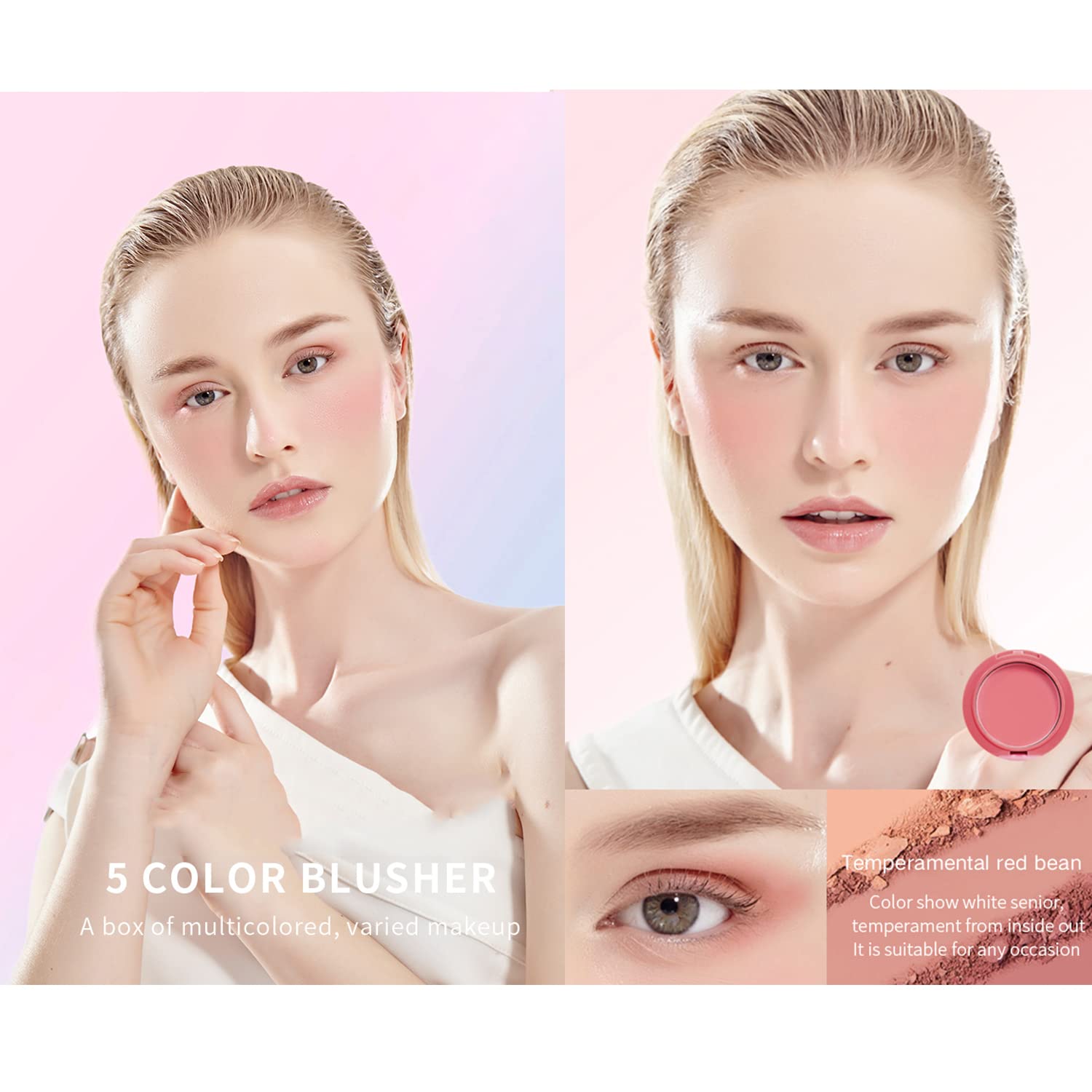 5 Colors Face Blusher Palette Waterproof Matte Long Lasting Lightweight Blush Powder Pink Coral Blushing Pallet with Brush Mirror Women Makeup Gift Set Kit