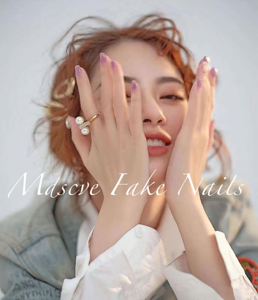 Medium Press on Nails Square Fake Nails French Tips Nails Press Ons Silver Glitter False Nail with White Ombre Designs Acrylic Glue on Nail Nude Glossy Stick on Nail for Women 24 Pcs