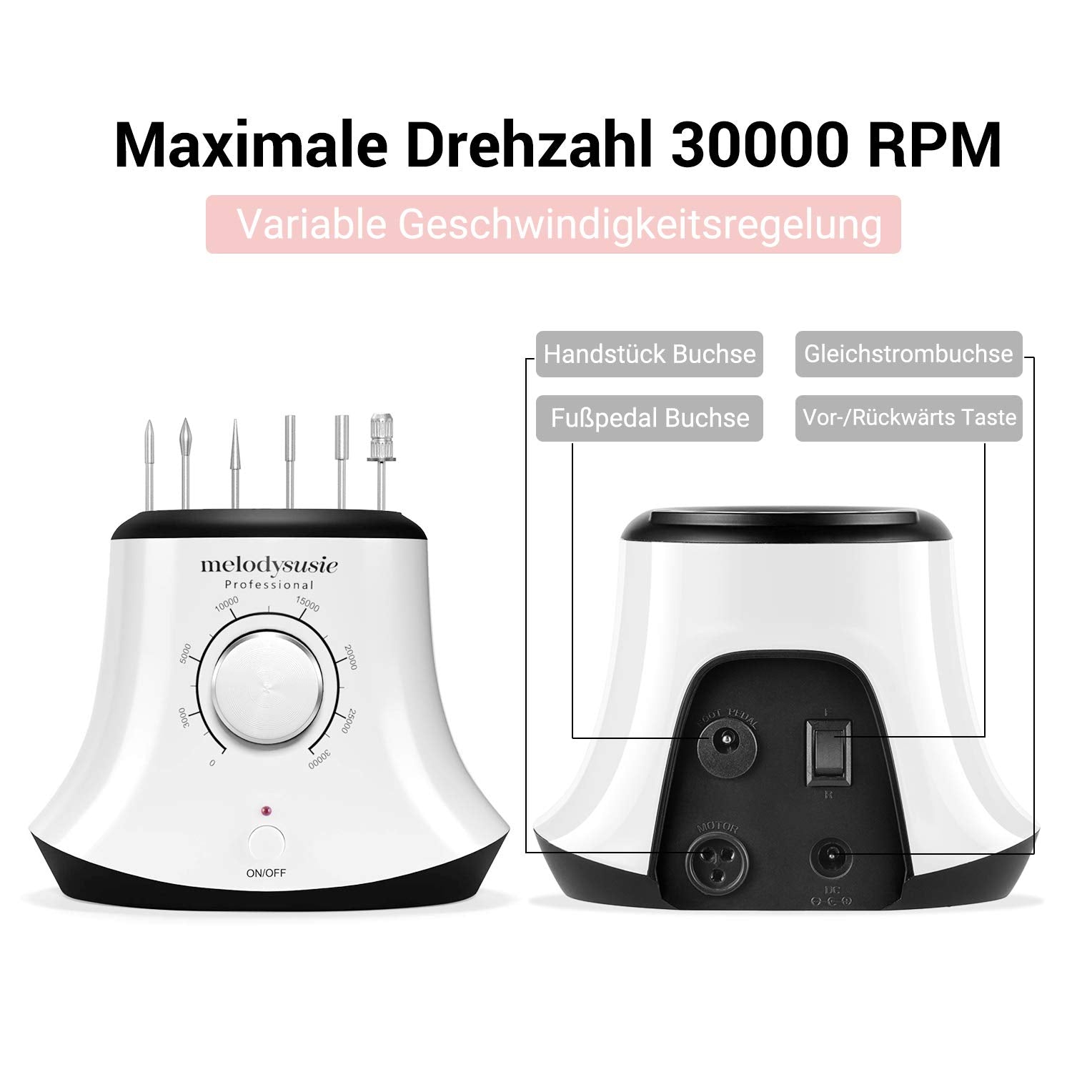 Melodysusie Elektrische Nagelfräser 30000 U/Min Professionelle Elektrische Nagelfeile Maniküre Pediküre Set Gelnägel Acrylnägel Nagelpflege Fräser Set Mit Fußpedal Für Nagelstudio Zuhause, Weiß