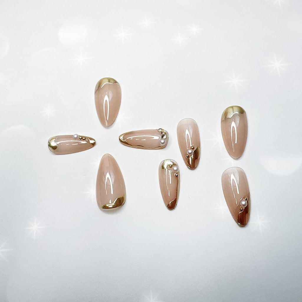 24Pcs French Tip Press on Nails Medium Almond Fake Nails with Pearls Rhinestones Design Gold French Line False Nails Full Cover Glue on Nails Glossy Artificial Nails for Women Girl Nail Decoration