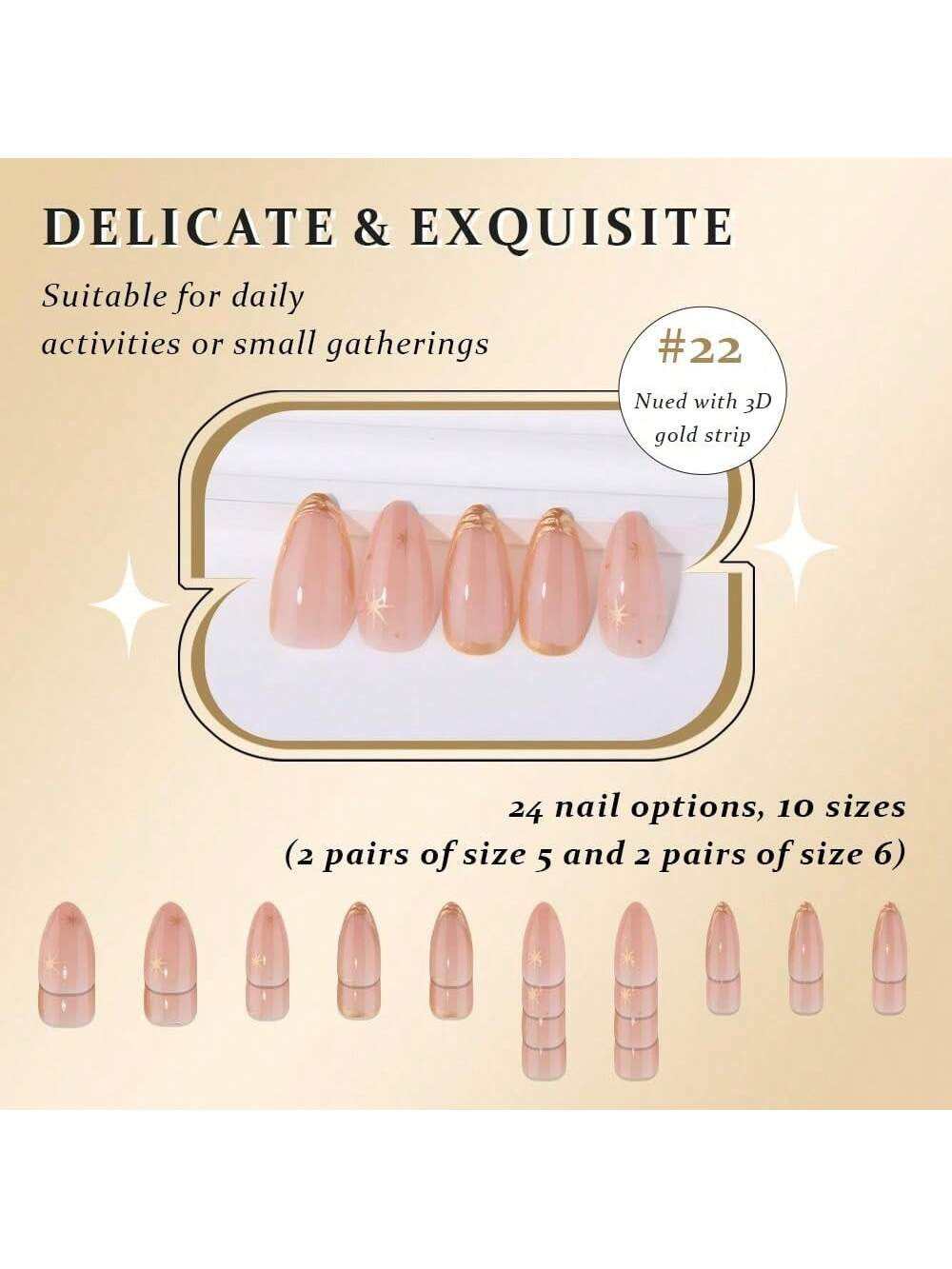 Gold French Tip Press-On Nails, Medium Almond Color, 3D Line Star French Tip Patch Nails, Designer Reusable Nails Press-On Nails, Women'S Daily Wear False Nails, French Gold European and American Wear-On Nails, Short Wear-On Nails, 24 Pieces