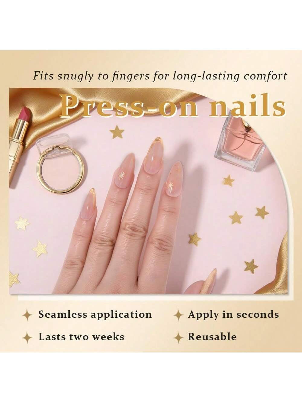 Gold French Tip Press-On Nails, Medium Almond Color, 3D Line Star French Tip Patch Nails, Designer Reusable Nails Press-On Nails, Women'S Daily Wear False Nails, French Gold European and American Wear-On Nails, Short Wear-On Nails, 24 Pieces