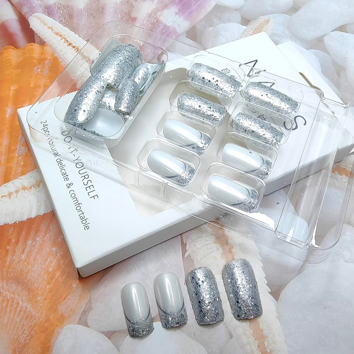 24 Pcs French Tip Press on Nails - Medium Square, Silver Glitter, Full Cover, Bling Sequins, Fake Nails - DIY