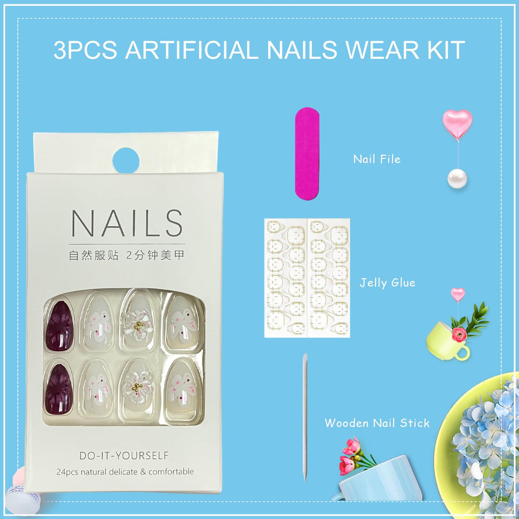 3D Flowers Press on Nails - Short Almond Fake Nails with Gold Pearls, Cat Claws Designs, Gradient False Nails - Full Cover Stick on Nails - 30Pcs