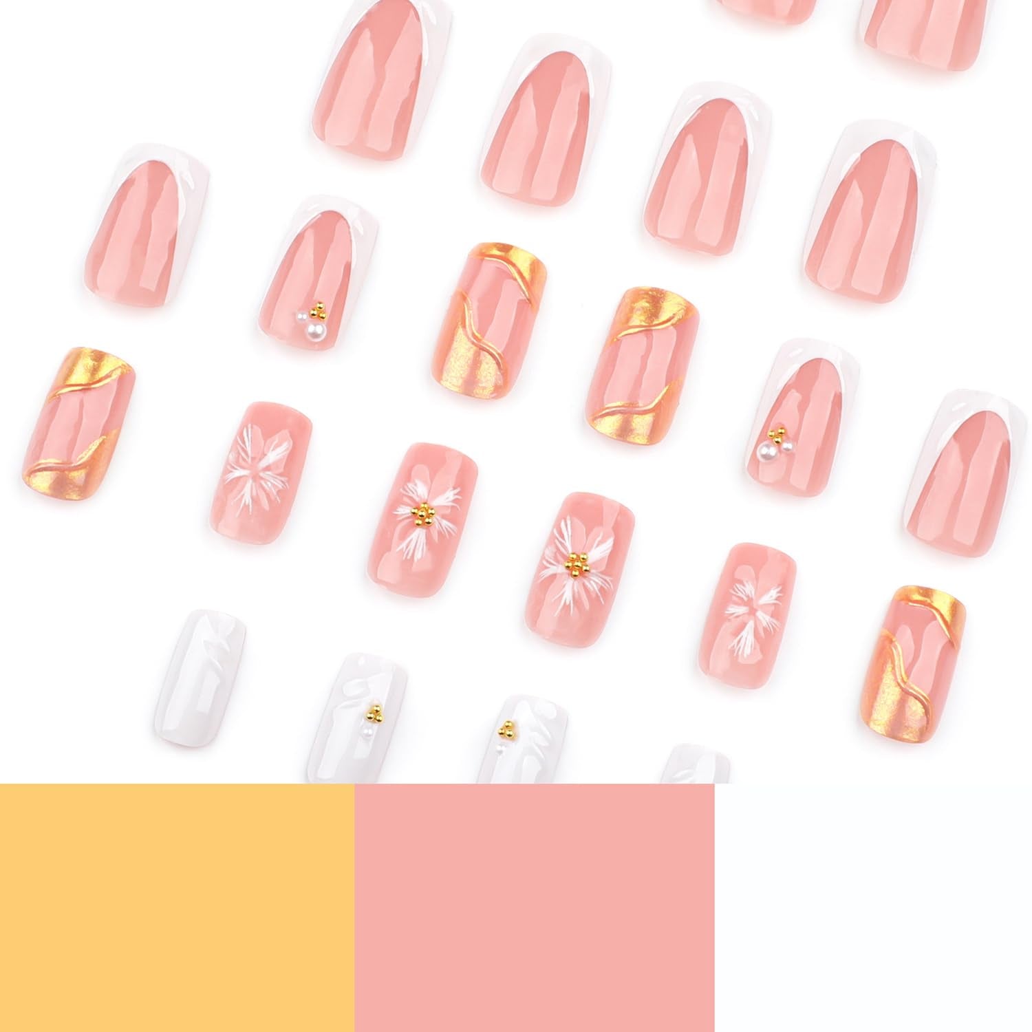 Spring French Press on Nails Medium Square White Fake Nails 3D Pink Flower Nail Press Ons with Gold Pearl Design Gold Nail Tip False Nails Summer Stick on Nails Full Cover Glue on Nail for Women