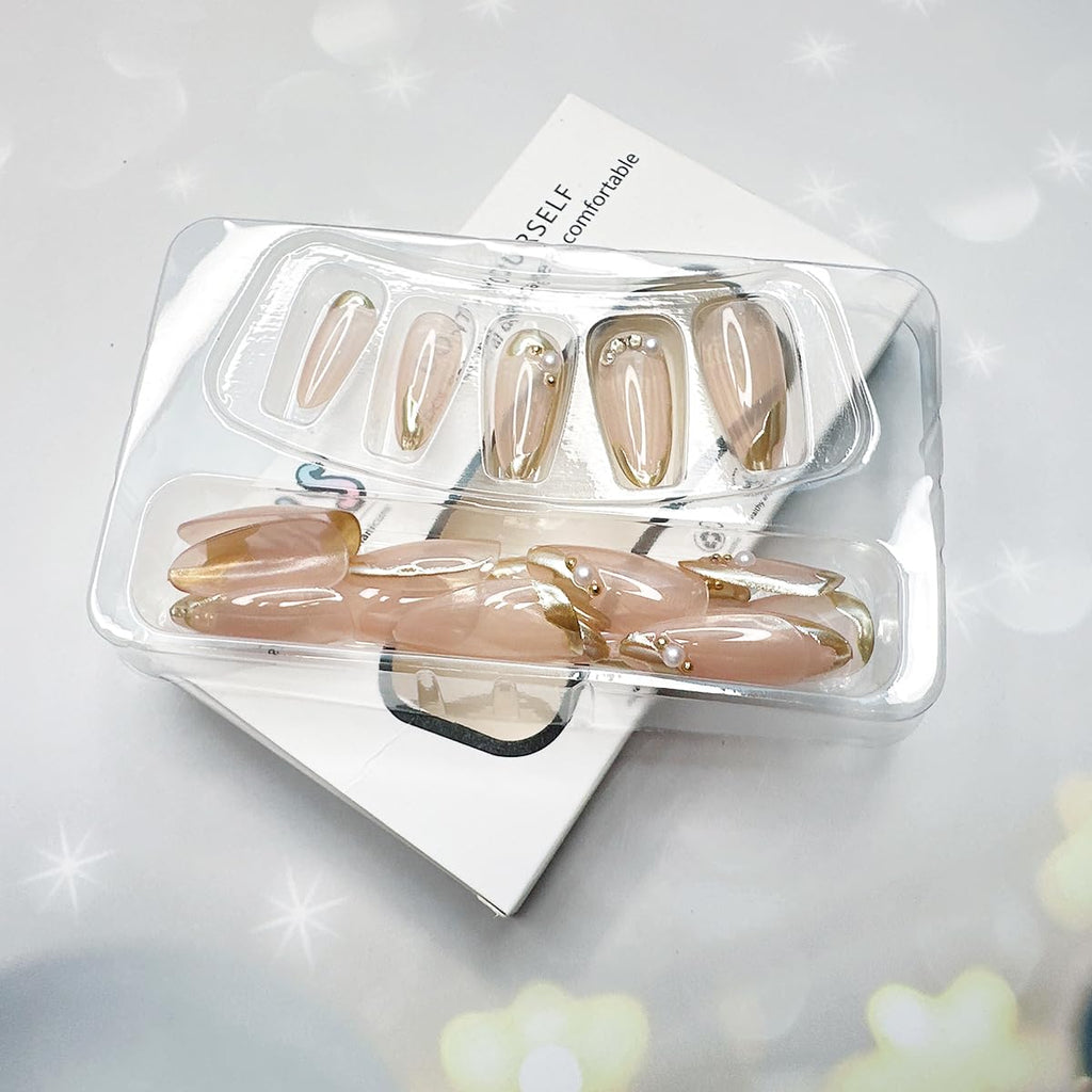 24Pcs French Tip Press on Nails Medium Almond Fake Nails with Pearls Rhinestones Design Gold French Line False Nails Full Cover Glue on Nails Glossy Artificial Nails for Women Girl Nail Decoration
