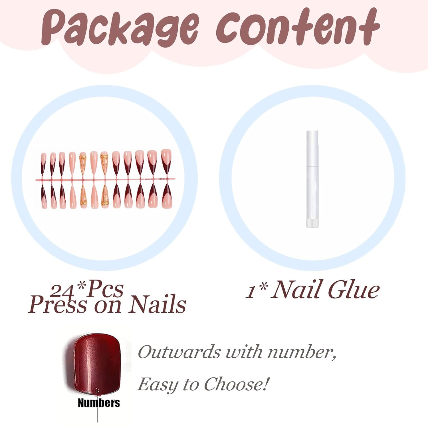 Press on Nails Fake Nails Long Stiletto, Red Gold, Glue on Almond Acrylic, 3D Texture Bow Design 24Pcs Manicure French Tip False Gel Nails Handmade Christmas