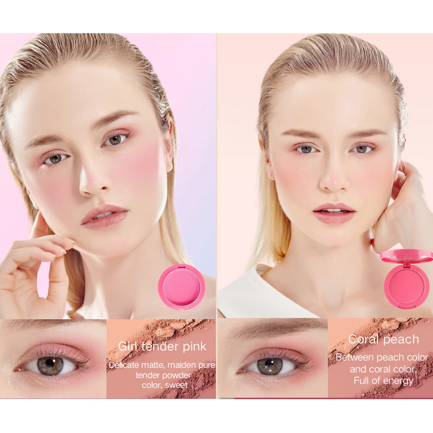 5 Colors Face Blusher Palette Waterproof Matte Long Lasting Lightweight Blush Powder Pink Coral Blushing Pallet with Brush Mirror Women Makeup Gift Set Kit