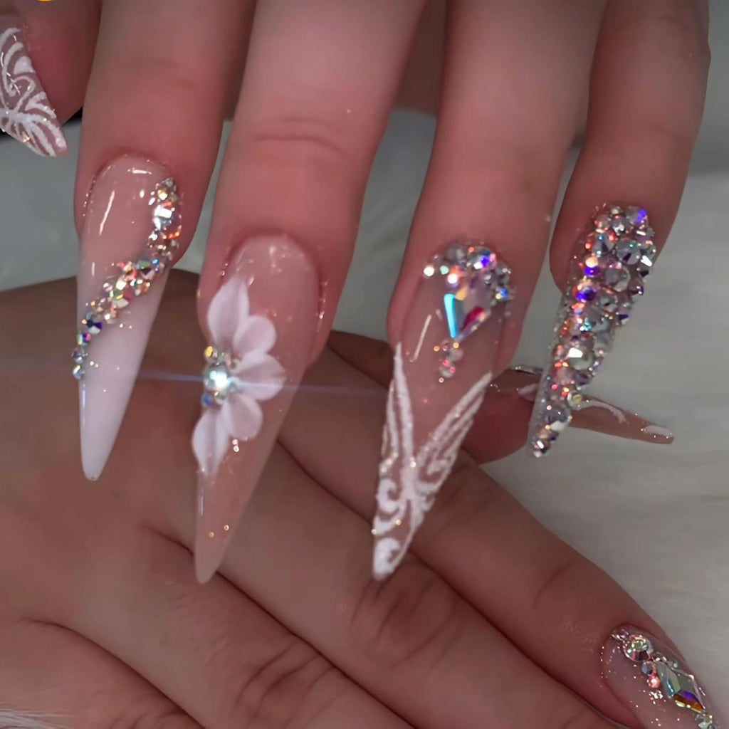 Press on Nails - Long Stiletto Fake Nails with Bling Glitter, Acrylic Luxury Rhinestone Design 24 Pcs
