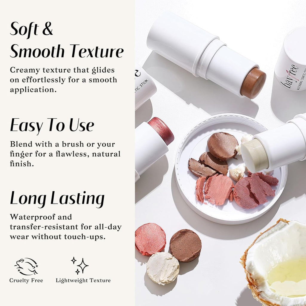 Face Sticks Trio, Cream Blush Stick & Highlighter Stick & Contour Stick for Sculpt the Cheeks, Long Lasting Cream Contour Stick Trio for Face Makeup, with Brush