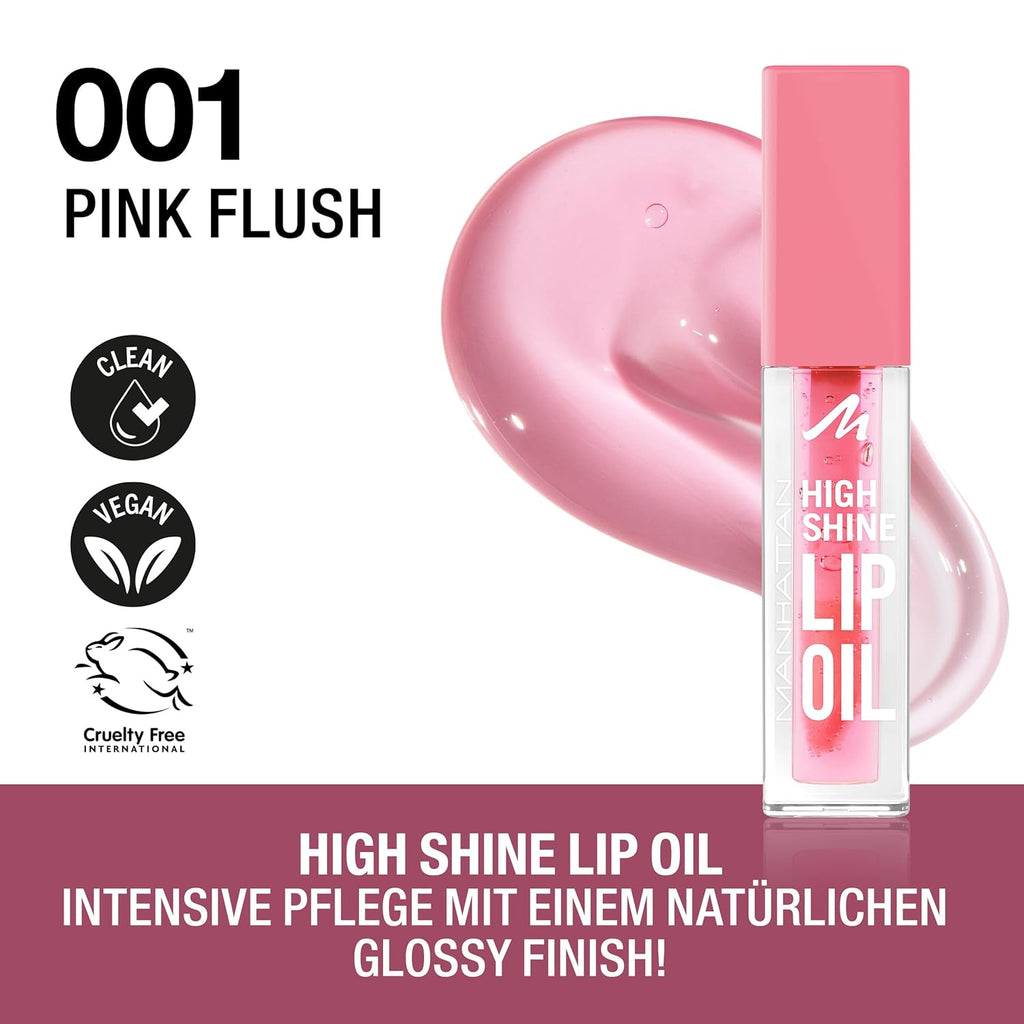 Manhattan High Shine Lip Oil 001 Pink Flush, Intensive Lippenpflege Mit Vitamin E Und Kokosöl Für Ein Natürlich Glänzendes Finish, Vegan