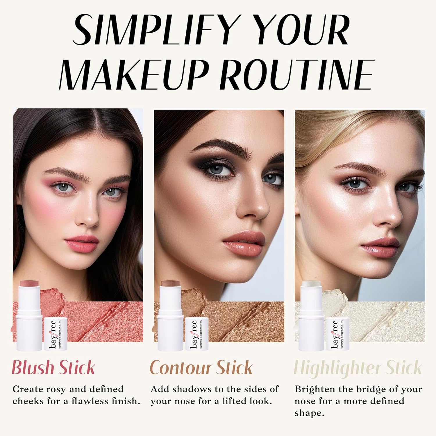 Face Sticks Trio, Cream Blush Stick & Highlighter Stick & Contour Stick for Sculpt the Cheeks, Long Lasting Cream Contour Stick Trio for Face Makeup, with Brush