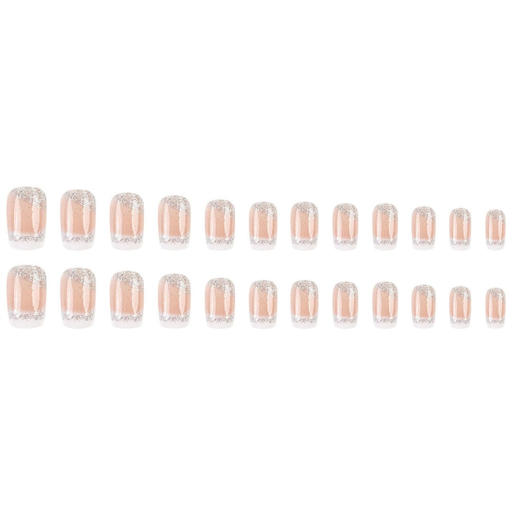 Medium Press on Nails Square Fake Nails French Tips Nails Press Ons Silver Glitter False Nail with White Ombre Designs Acrylic Glue on Nail Nude Glossy Stick on Nail for Women 24 Pcs